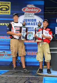 Jake Cook and John Duarte with their championship trophies at the 2009 Junior Bassmaster World Championship.  The tournament is now held in conjunction with the Federation Nation Championship.
