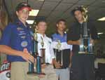 Total weight (5 fish limit) awards for the 16-18 age group: Tyler Owen (MO) 2nd, Nathan Newberry (DE) 4th, Anthony D’Alonzo (NJ) 3rd and Dustin Brandolino (VT) 1st.  July 13, 2002