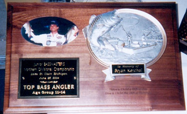 One of four of the Individual Champion plaques which were awarded to the top individuals in both age groups at the Junior Bassmasters Eastern and Northern Division Championships in 2004 by the Bryan V. Kerchal Memorial Fund.